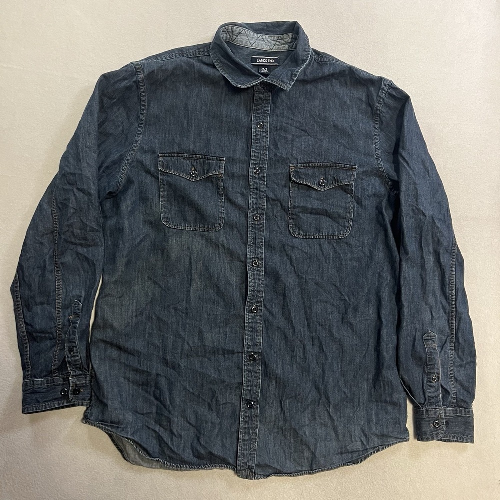 Lands End Denim Shirt Men's Size XL Blue Button Down Long Sleeve Cotton